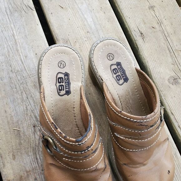 Vintage 90s y2k Route 66 Bratz Chunky 2.5" Heel Tan Brown Vegan Leather Mules - Picture 6 of 7